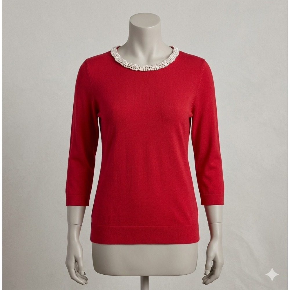 Talbots Pearl Embellished Pullover Sweater Womens M Petite Red 3/4 Sleeve
